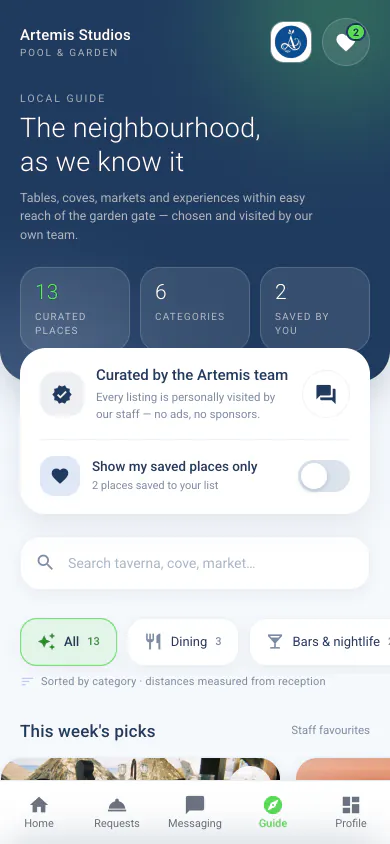 Artemis Studios Pool and Garden: the Local Guide screen