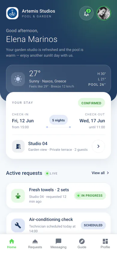 Artemis Studios Pool and Garden: the Home/Dashboard screen