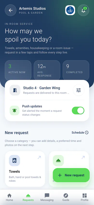 Artemis Studios Pool and Garden: the In-Room Service Requests screen